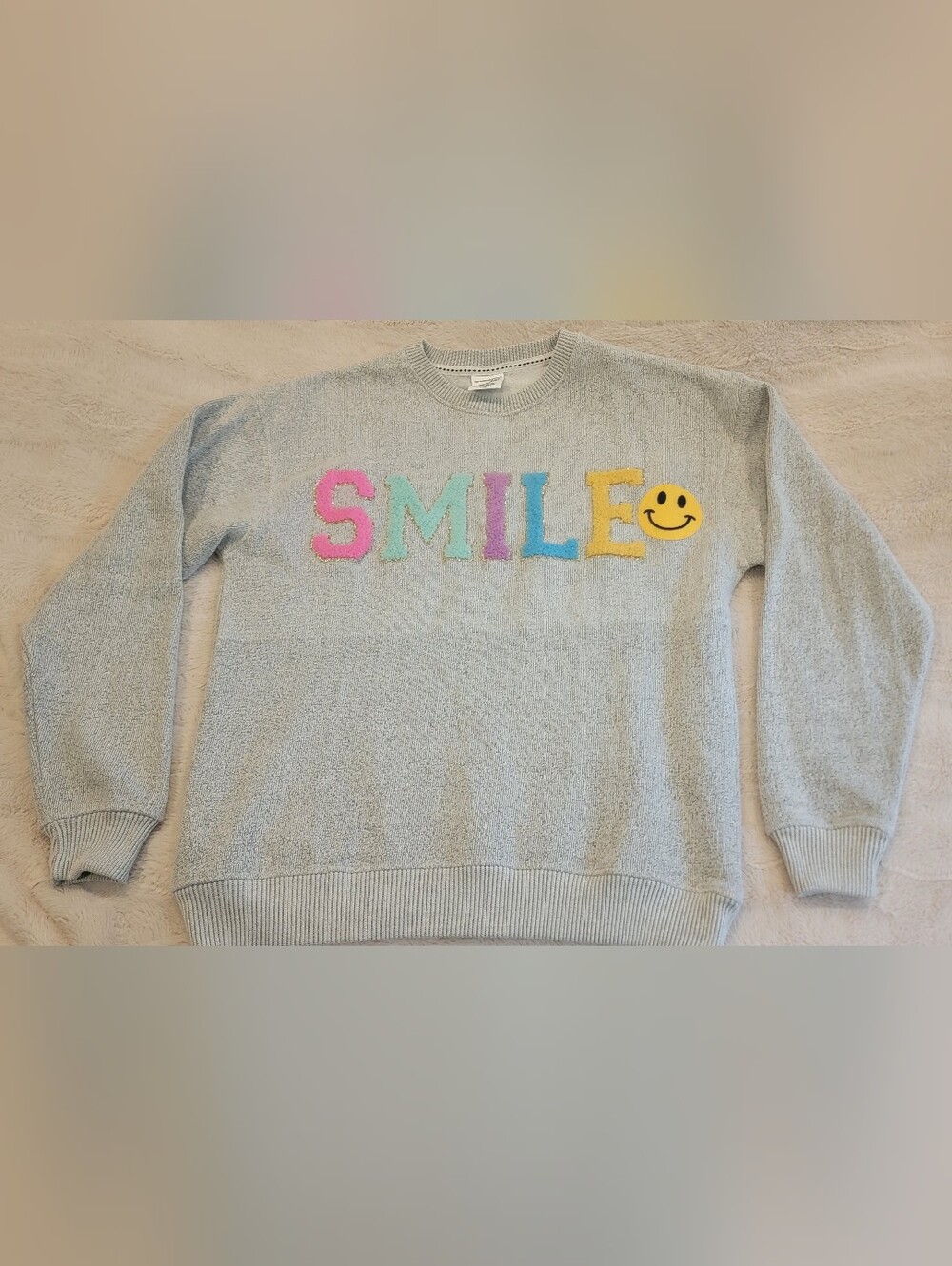 Smile Embroidered Crewneck Sweater - Light Gray - Pacific & Co